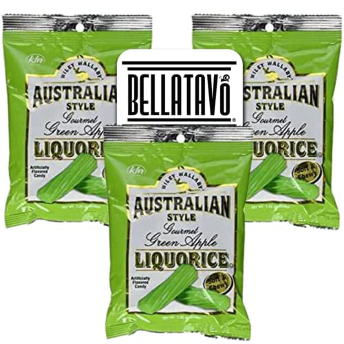 Green Apple Licorice Bundle. Includes Three-7.05 Oz Bags of Wiley Wallaby Green Apple Licorice Plus a BELLATAVO Fridge Magnet. Wiley Wallaby Gourmet L