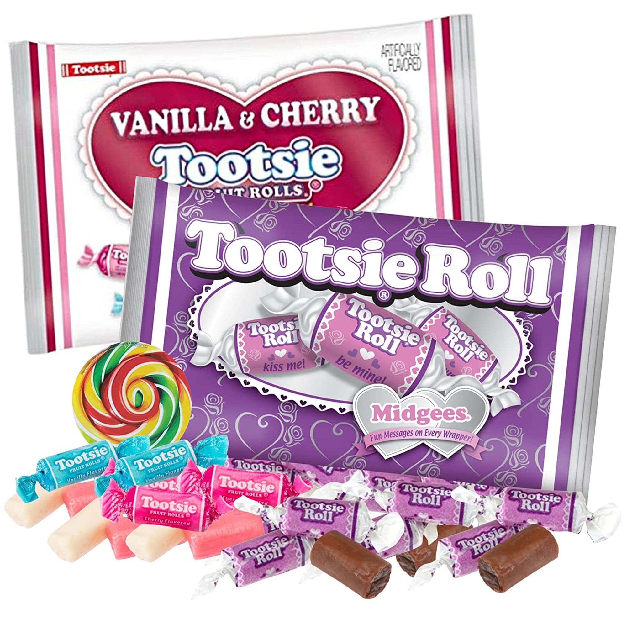 Tootsie Roll Midgees and Tootsie Fruit Rolls with Candy Accessory  Valentines Day Party Favors  Pack of 2  1 of Each  12 Ounce Bags