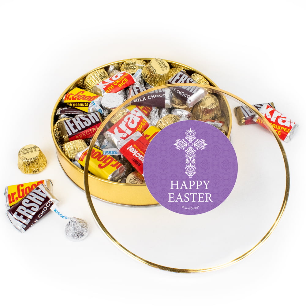 Just Candy Easter Chocolate Gift Tin - Plastic Tin with Candy Hershey's Kisses, Hershey's Miniatures & Reese's Peanut Butter Cups, 67 Pieces - Assorte