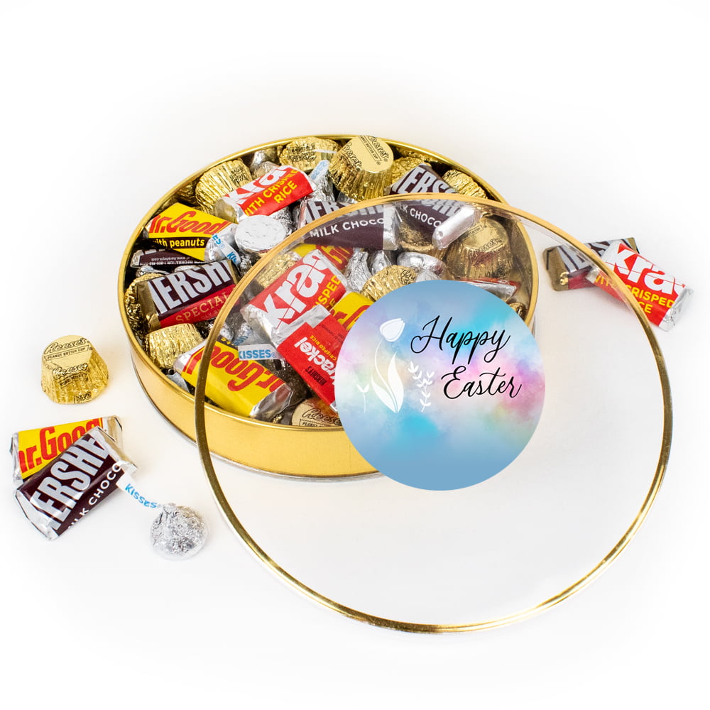 Just Candy Easter Chocolate Gift Tin - Plastic Tin with Candy Hershey's Kisses, Hershey's Miniatures & Reese's Peanut Butter Cups, 67 Pieces - Assorte