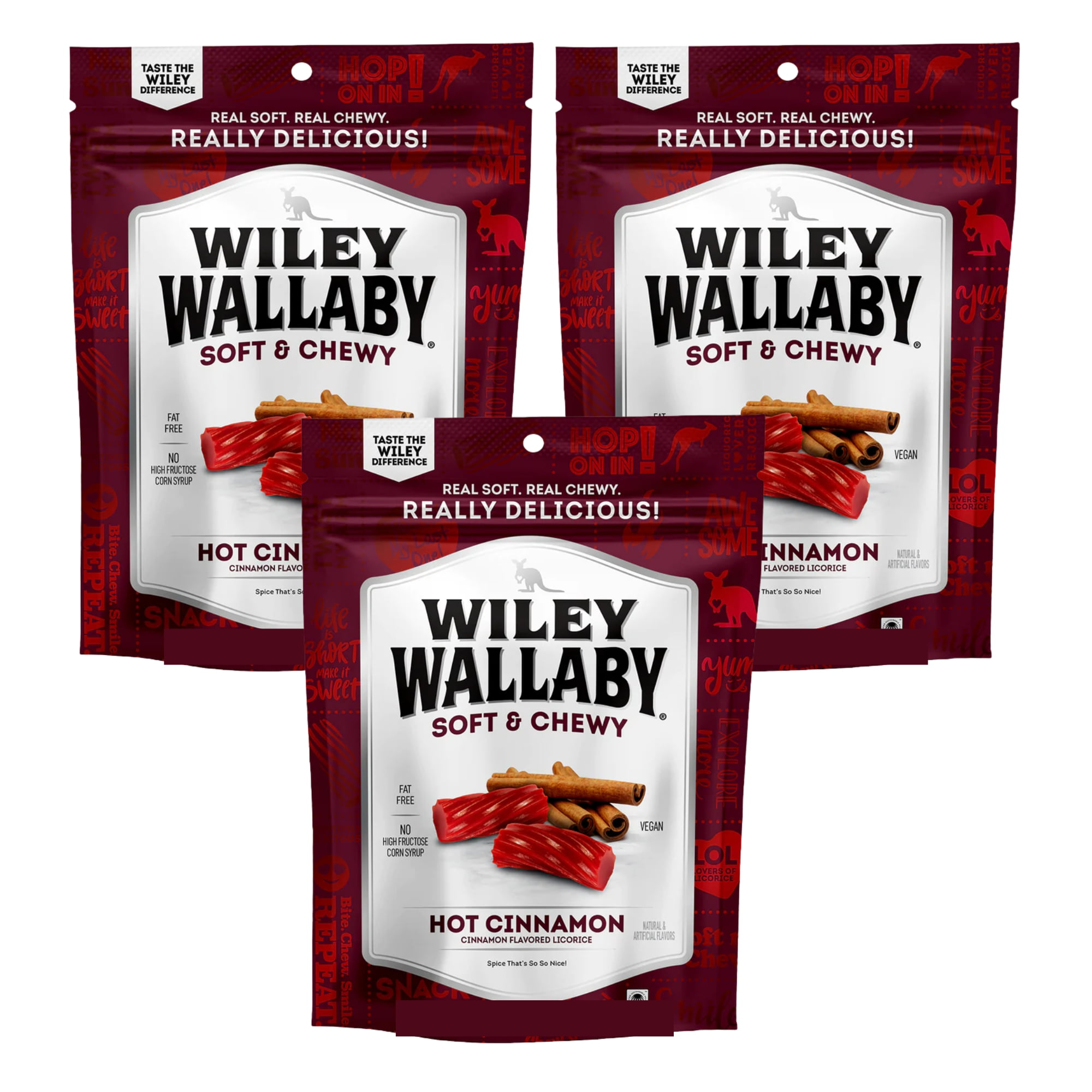 Wiley Wallaby Hot Cinnamon Licorice Candy 4 Ounce Bag Gourmet Australian Style Soft & Chewy Candies for Snacks Movie Nights Picnics Summer Goody Fille