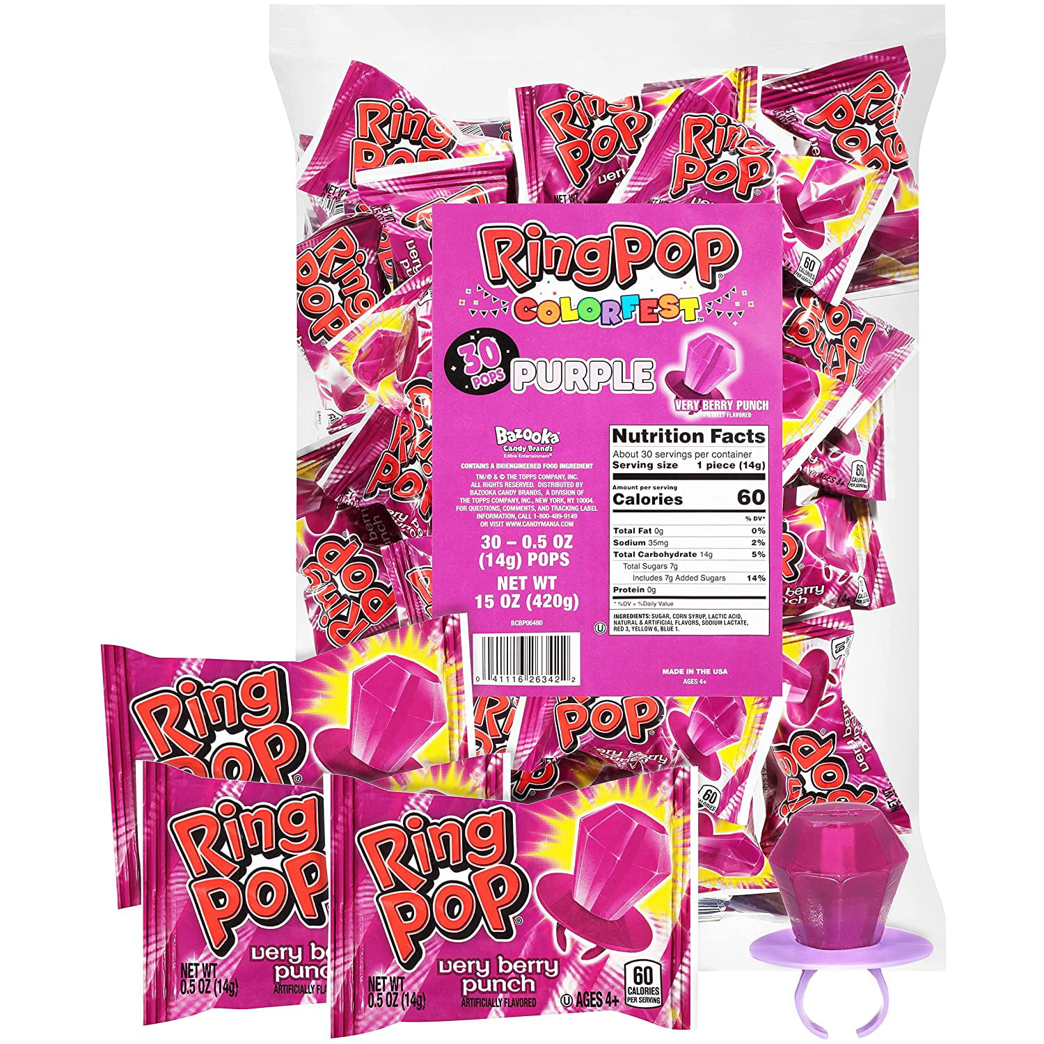 Ring Pop Purple Candy Lollipops  30Ct Bulk Individually Wrapped in Very Berry Punch Flavor  Full Size  Fun Hard Candy for Birthday  Party Favors  Bach
