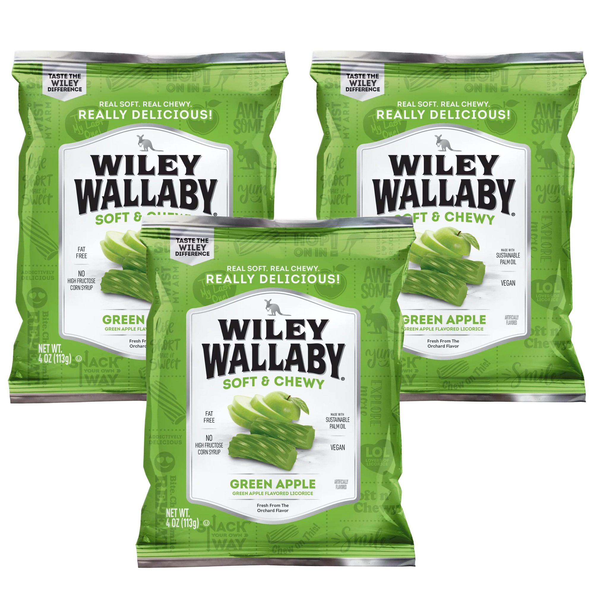 Wiley Wallaby Green Apple Licorice Candy 4 Ounce Bag Gourmet Australian Style Soft & Chewy Candies for Snacks Movie Nights Picnics Summer Goody Filler