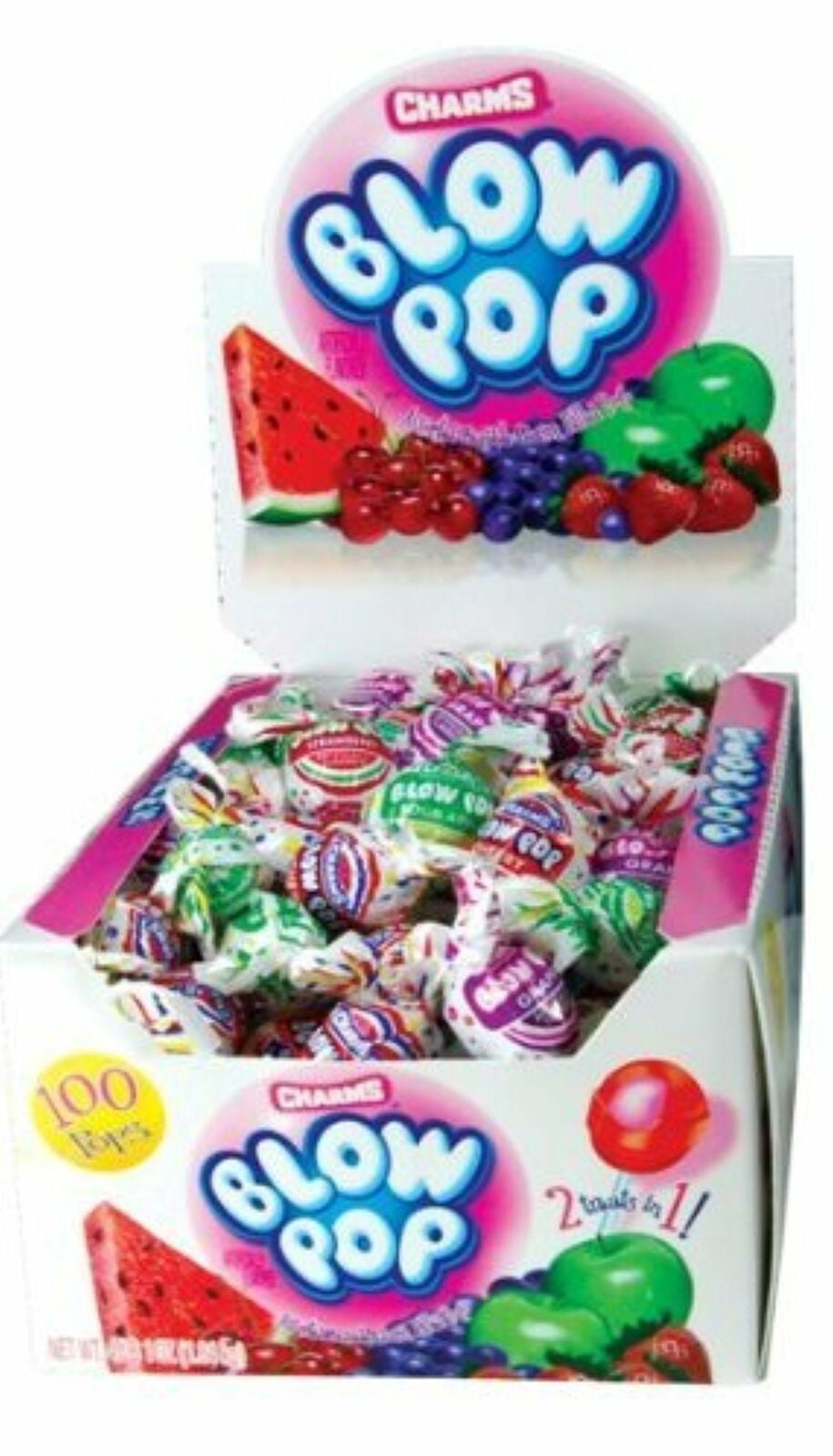 Charms Blow Pops 2 Treats in 1  Assorted Bubble Gum Filled Lollipops  100Ct