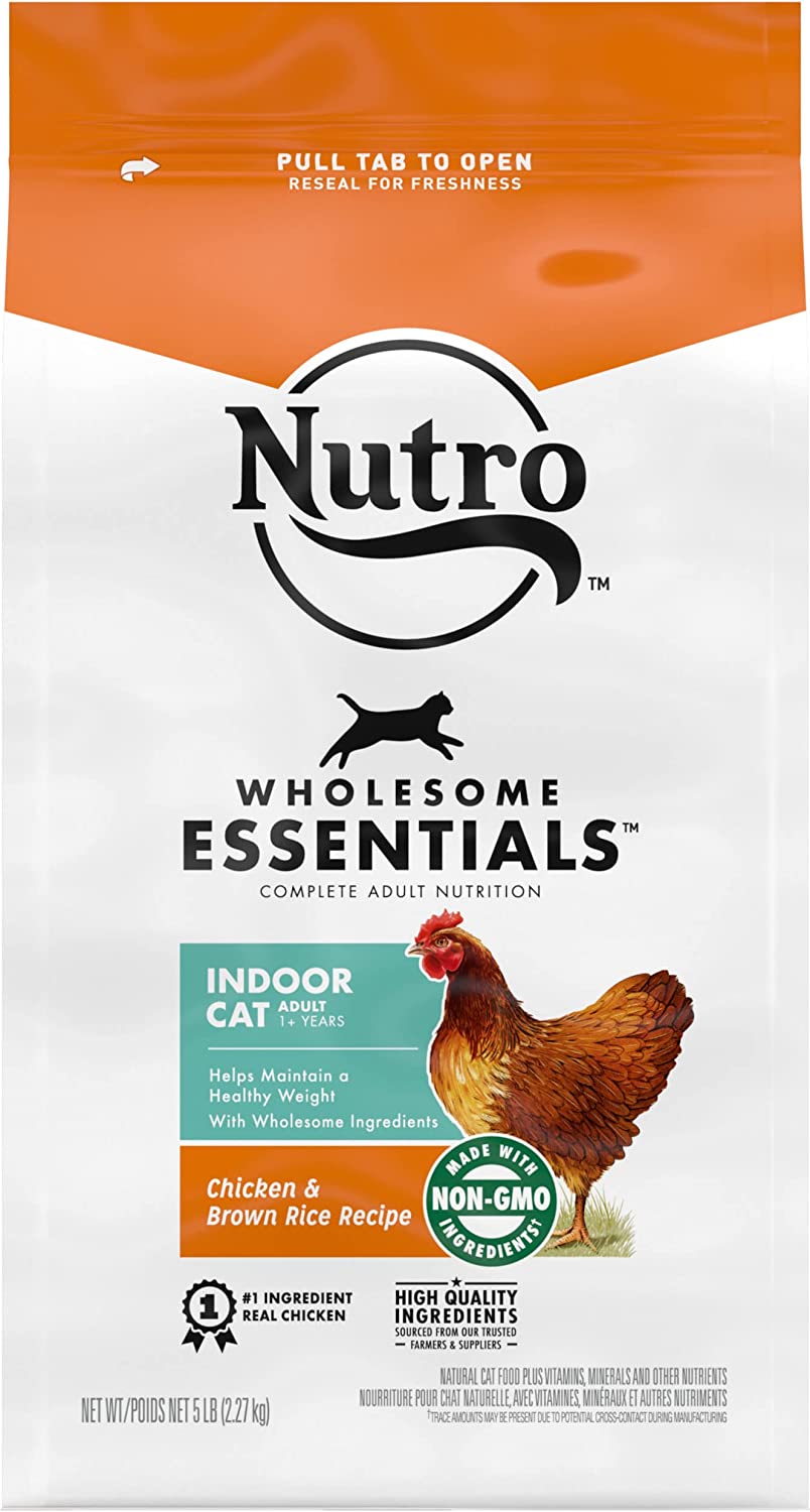 NUTRO WHOLESOME ESSENTIALS Natural Dry Cat Food  Indoor Cat Adult Chicken & Brown Rice Recipe Cat Kibble  5 Lb. Bag