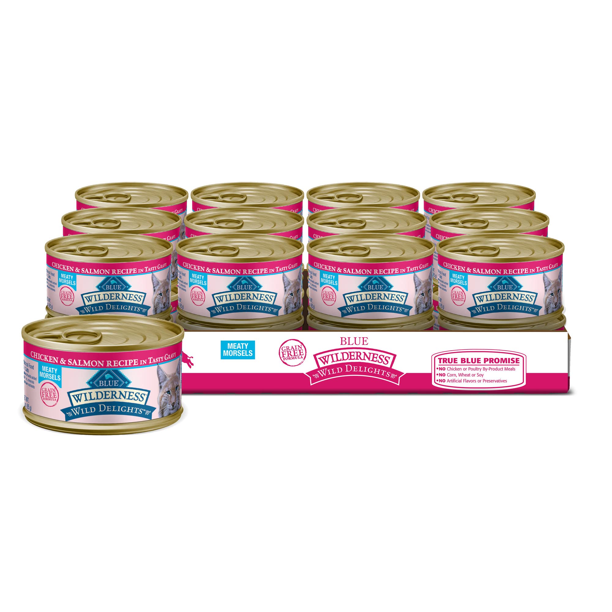 Blue Buffalo Wilderness Wild Delights High Protein Grain Free  Natural Adult Meaty Morsels Wet Cat Food  Chicken & Salmon 3-oz Cans (Pack of 24)