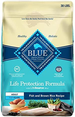 Blue Buffalo Dog Food  Life Protection Formula  Natural Fish & Brown Rice Flavor  Adult Dry Dog Food  30 Lb Bag Fish & Brown Rice 30 Pound (Pack of 1)