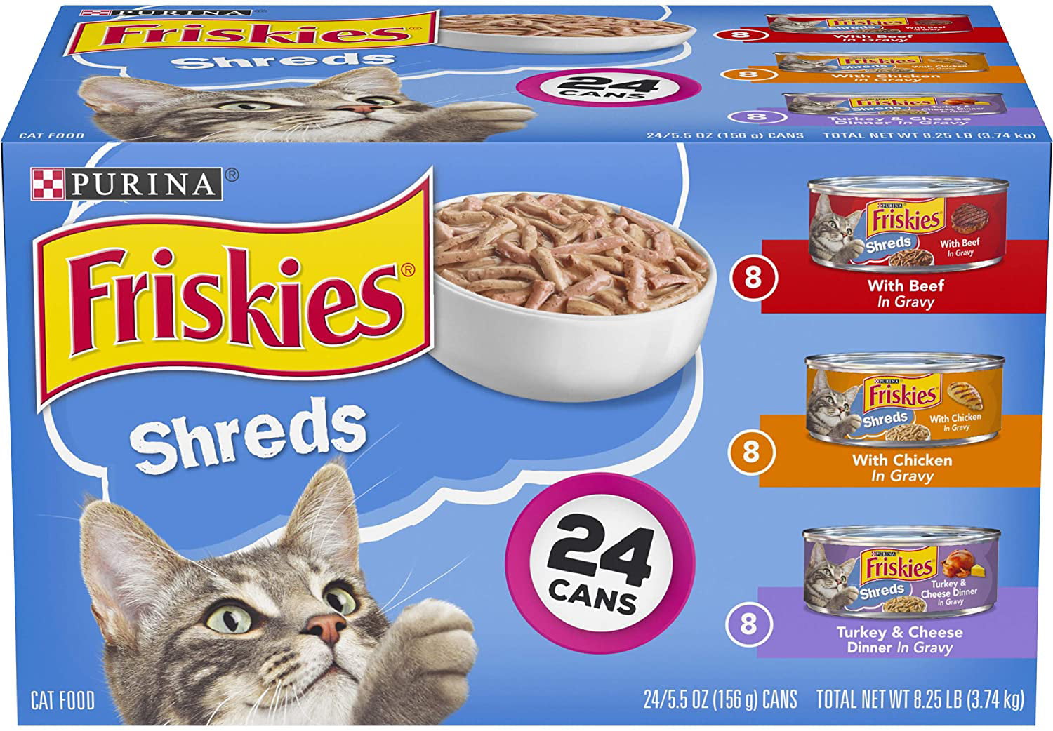 Purina Friskies Gravy Wet Cat Food Variety Pack  Shreds Beef  Chicken and Turkey & Cheese Dinner - (24) 5.5 Oz. Cans (50000579198)