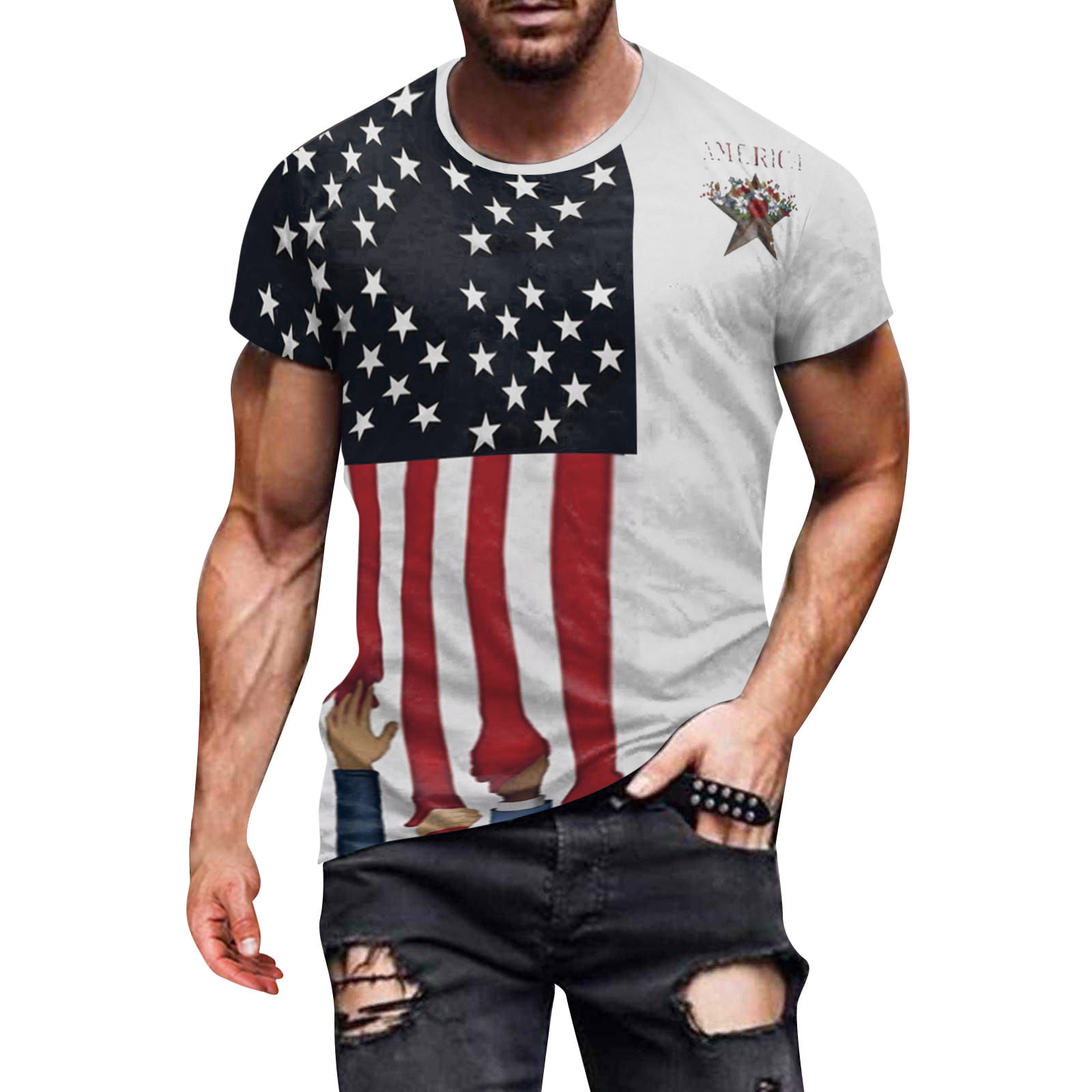 PEASKJP USA Shirts for Men 4th of July Independence Day T-Shirts American Flag Short Sleeve Shirts Men Shirts Graphic White XX-L