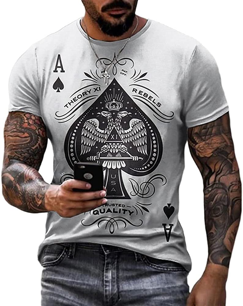 DanceeMangoo Mens Graphic Tees Casual Short Sleeve Crewneck Tshirt 3D Poker Pattern Vintage T Shirts Funny Casual Shirt (White L)