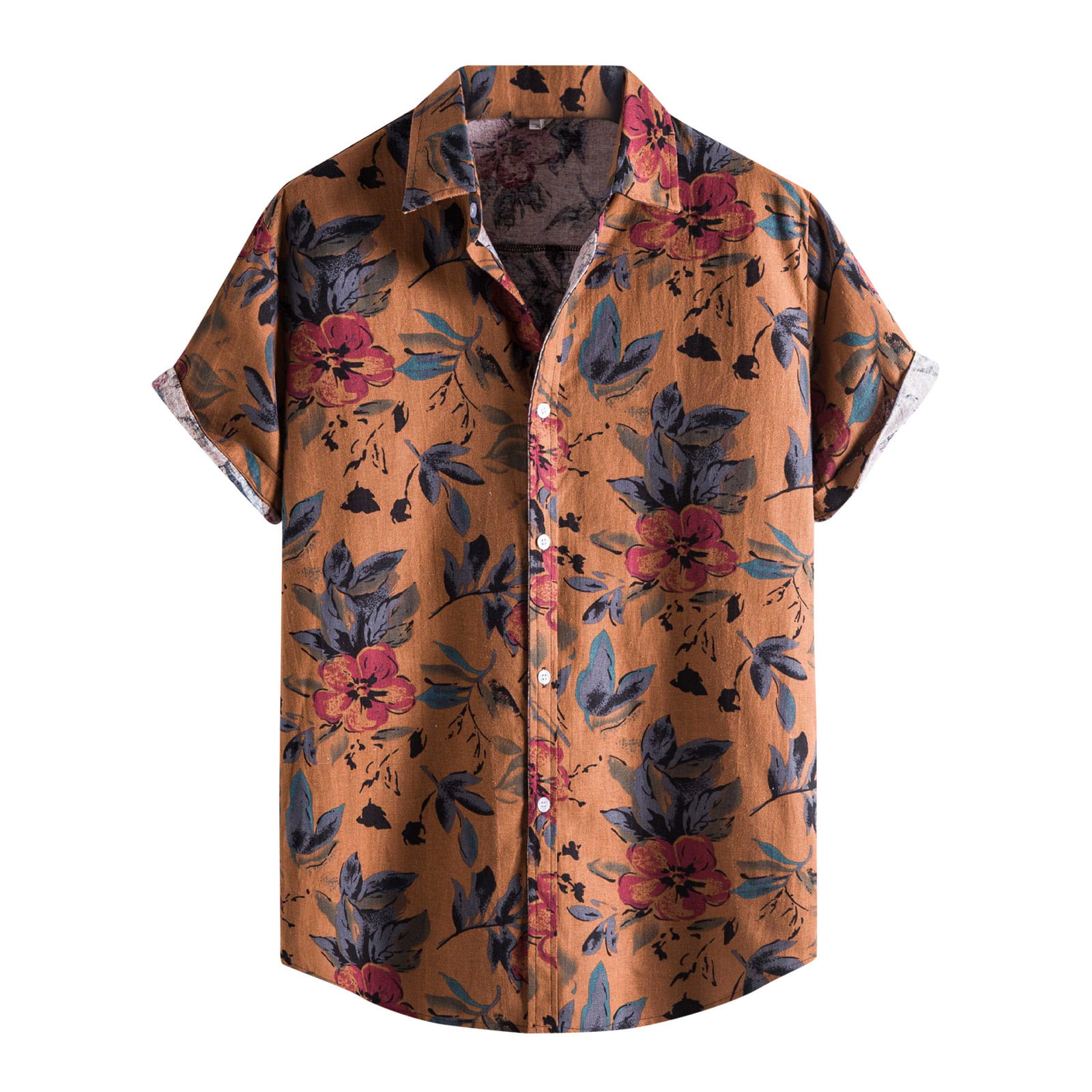 CLZOUD Basic Shirts for Men Brown Men S Summer Fashion Casual Hawaiian Flower Shirt T-shirt Short Sleeve L
