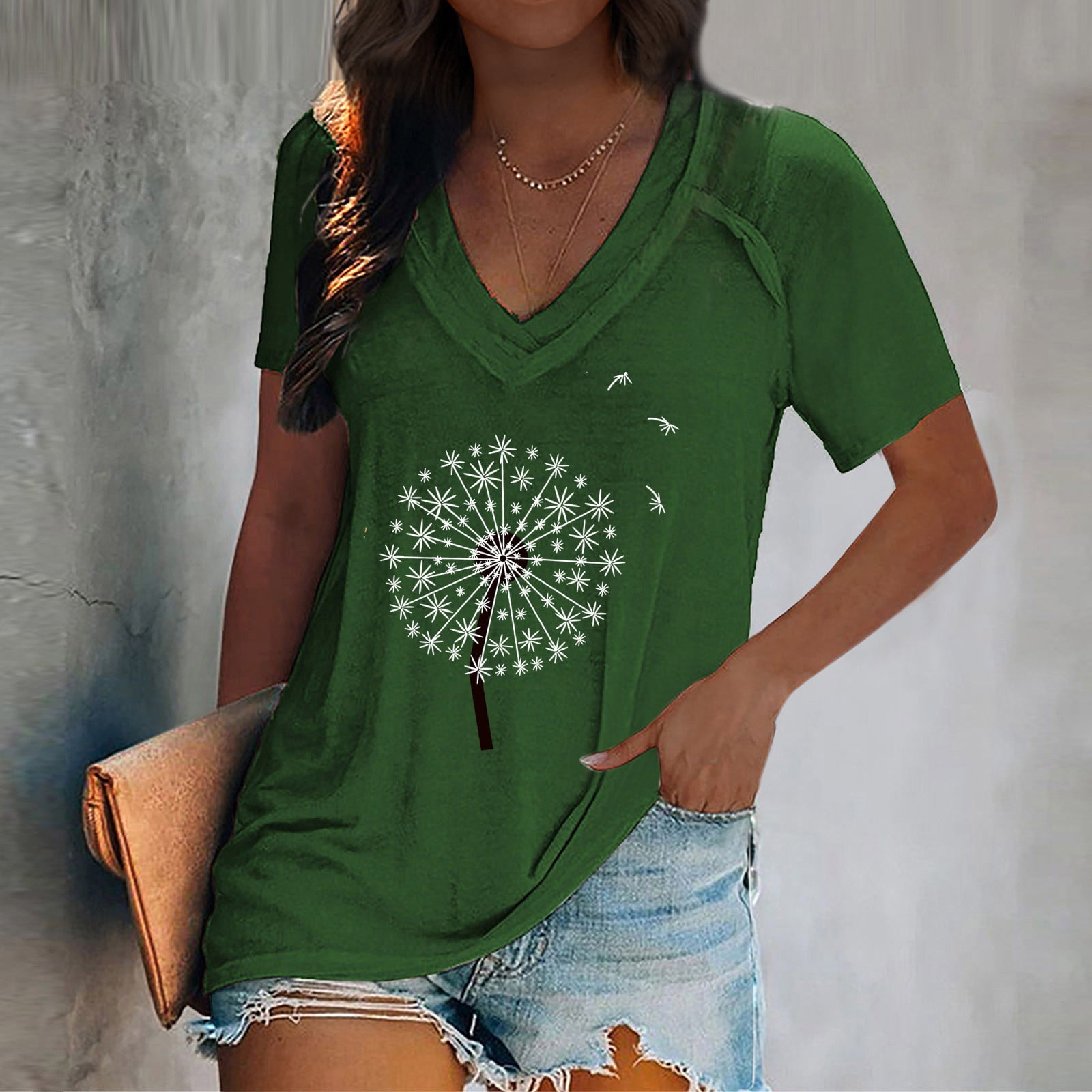 BallsFHK Women S Fashionable V-Neck Printed Pullover Loose Casual T-Shirt Summer Tops for Women 4722 Trendy