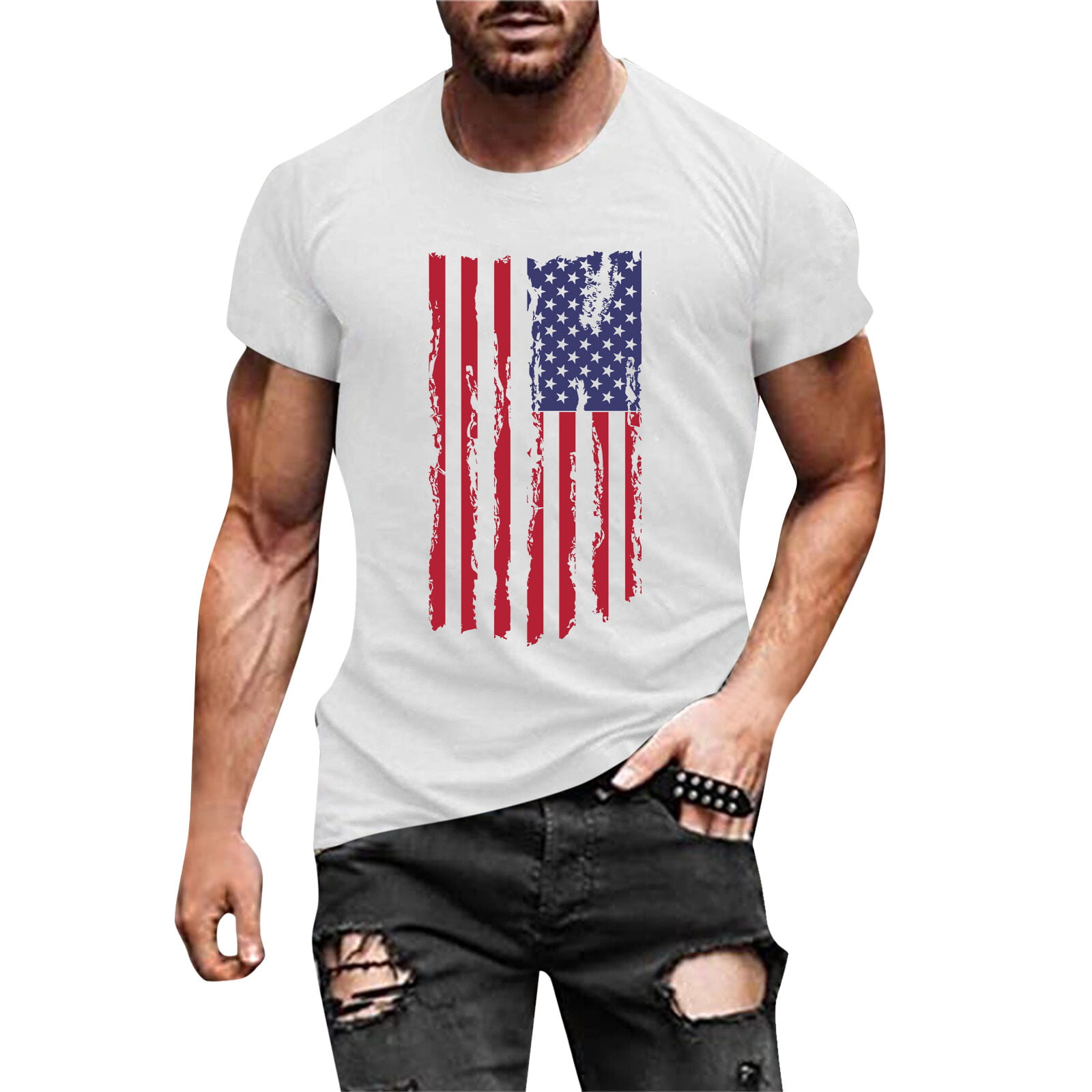 Kpoplk Men S American Flag Tee Shirts Patriotic Short Sleeve T-Shirt Graphic Tee(White L)