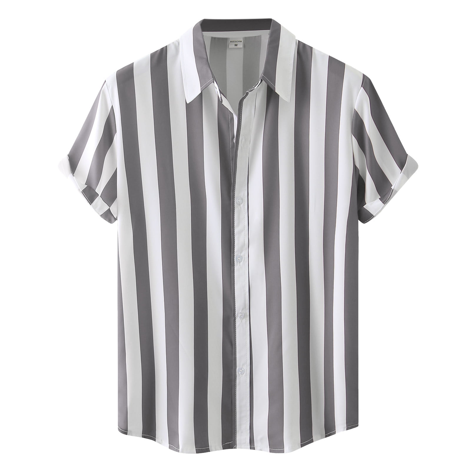 Mens Shirts Summer Graphic Summer Hawaii Striped Prin Short Sleeve Turn Down Collar Button Mens T Shirt with Pockets White Grey L