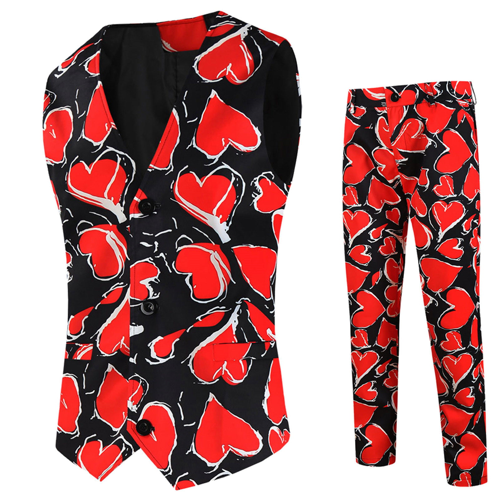 GWAABD Tshellort with Shorts Mens Valentines Day Printing Fashion Casual Party Couples Dating Dress up Suit Vest Pants Two Piece Suit