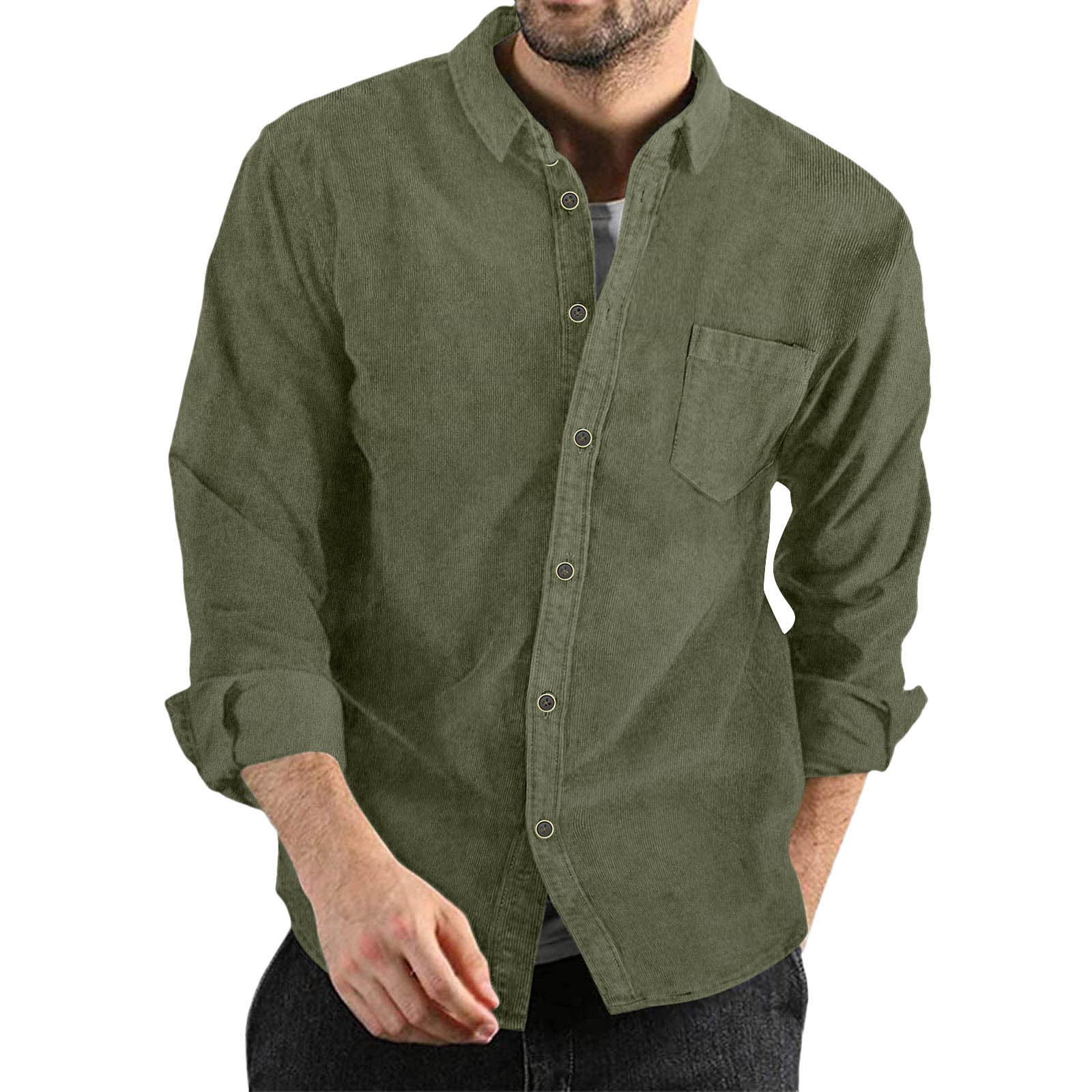 GWAABD Shirts for Men Casual Long Sleeve Mens Autumn Winter Corduroy Shirts Casual Long Sleeves Solid Color Buttoned Lightweight Shirts