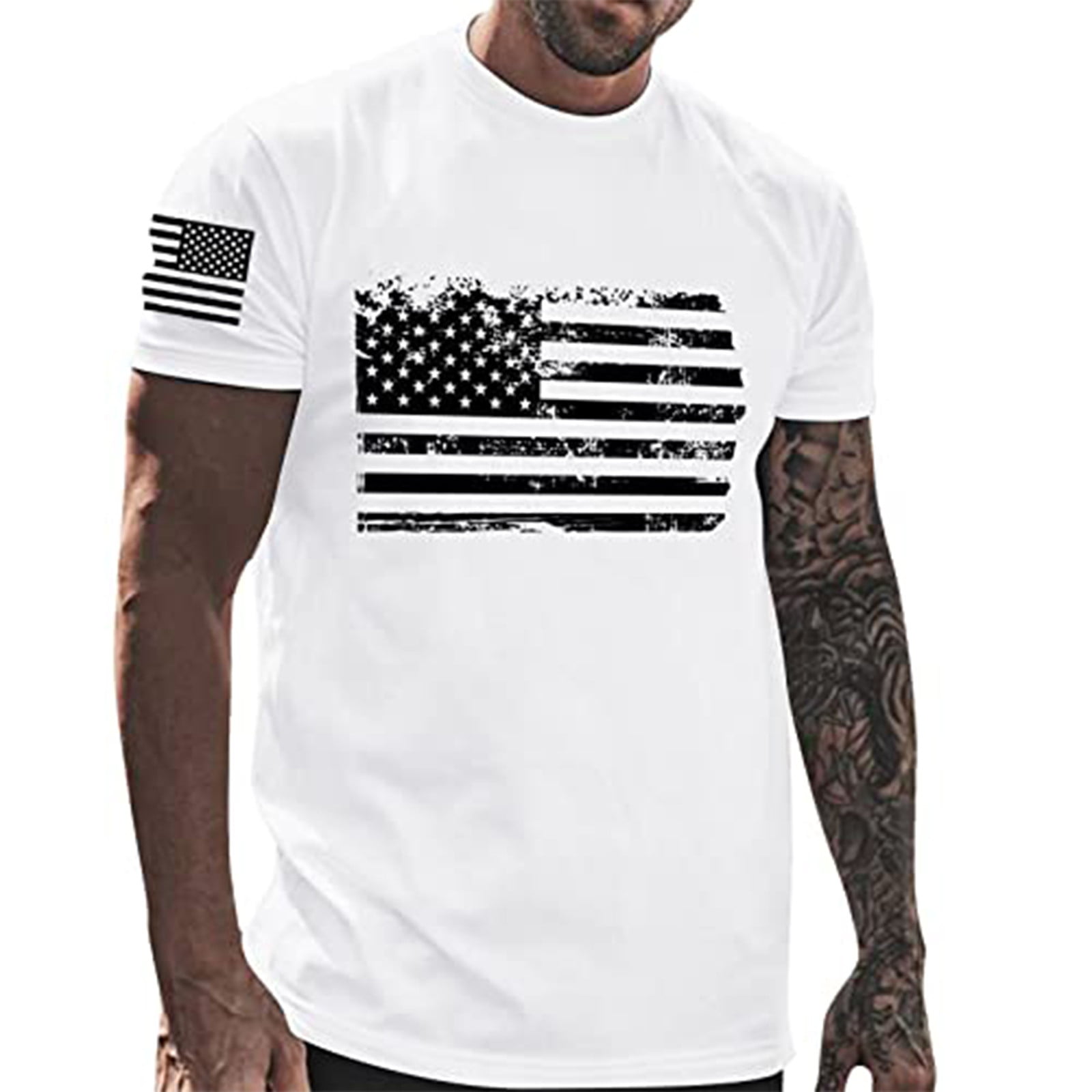 SHUDAGENG Mens Independence Day T-Shirts USA Flag Graphic T-Shirts Short Sleeve American Patriotic Vintage T Shirt White L