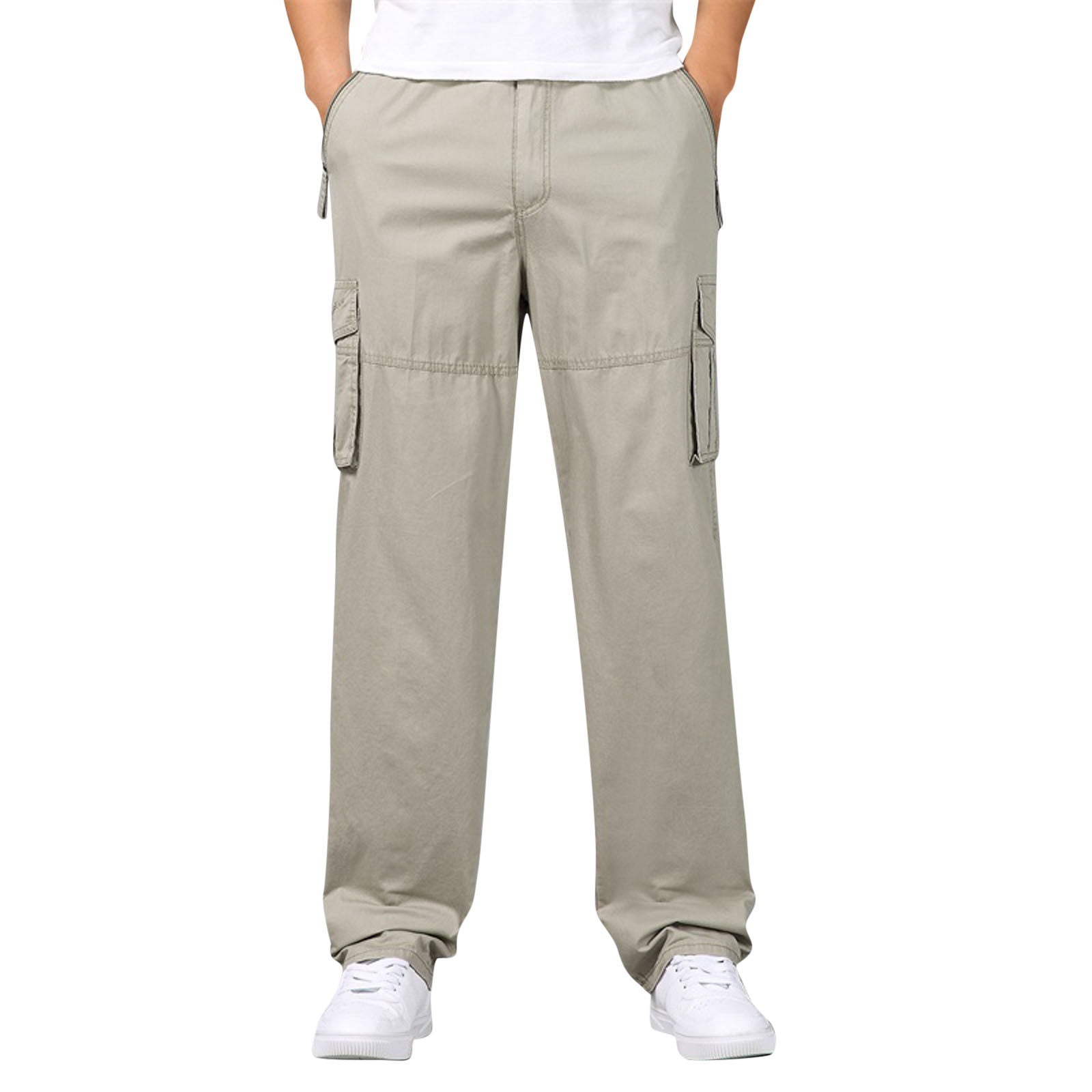 GWAABD Mens Pants Joggers Mens Cotton Plus Size Pocket Solid Elastic Waist Pants Overall Pants