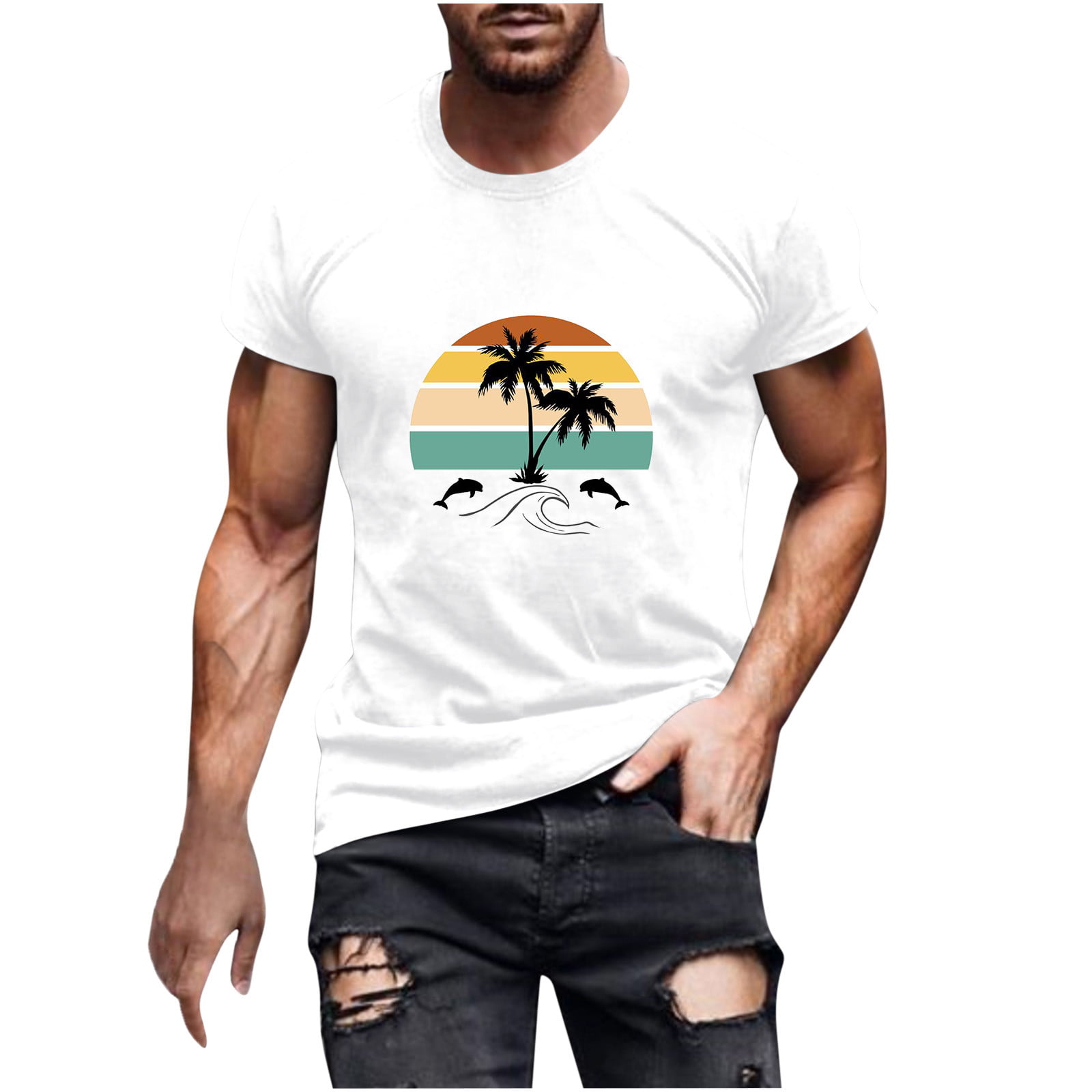 JWZUY Men S Hawaii T Shirt Summer Short Sleeve Cute Dolphin Graphic Loose Tees Tops White L