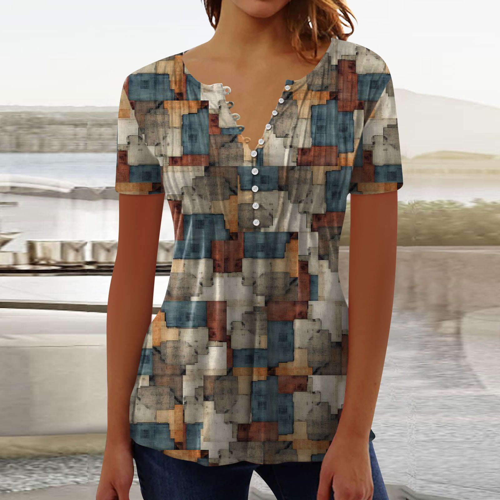 BallsFHK Women S Shirt Blouse Button Floral Print Short Sleeve Casual Basic Round Neck Regular Top Summer Tops for Women 4888 Trendy
