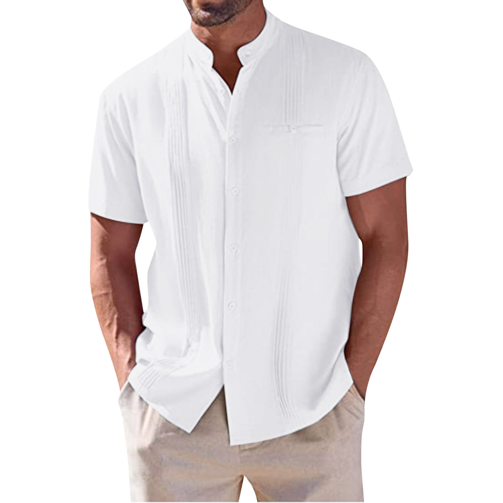 Mens Shirts Graphic Funny Spring and Summer Solid Color with Pocket and Lapels and Half Buttoned Short Sleeved Mens T Shirt Graphic White L