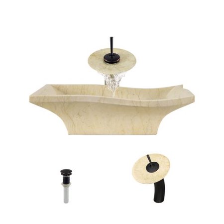 MR Direct 859 Egyptian Yellow Marble Vessel Sink Ensemble with Antique Bronze Finish Waterfall Faucet  Pop-up Drain  and Sink Ring
