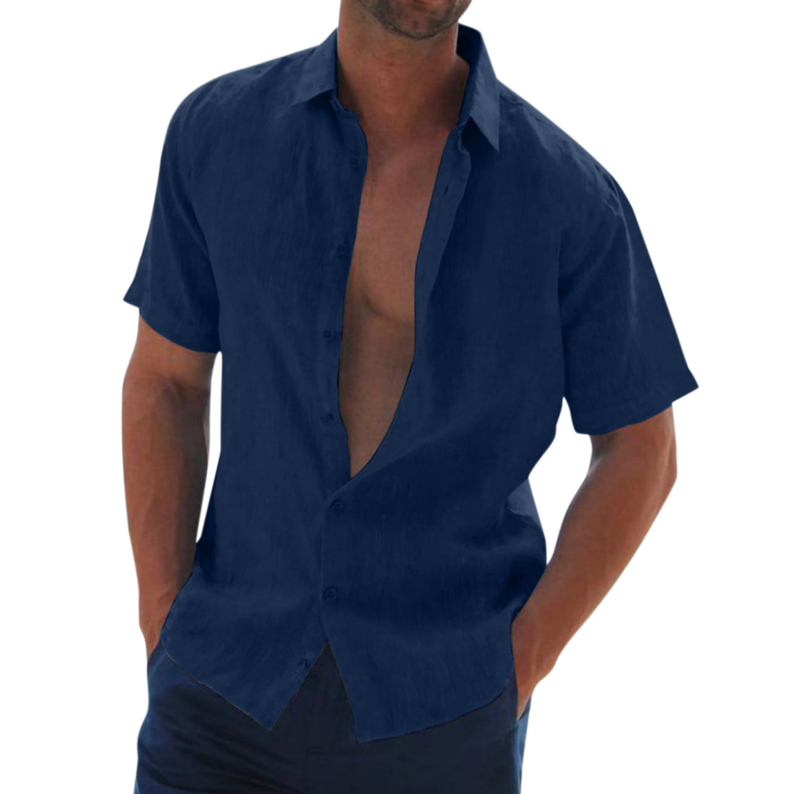 GWAABD Men Work Shirt Button up Male Casual Solid Shirt Short Sleeve Turn Down Collar Shirt Button Formal Shirt