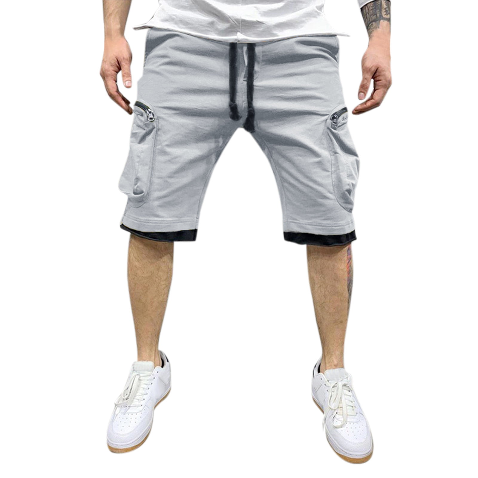 GWAABD Straight Fit Pants Men Casual Mid Waist Pant Short Cargo Pant Solid Splice Pockets Drawstring Shorts Fashion Solid Color Loose Pant Short