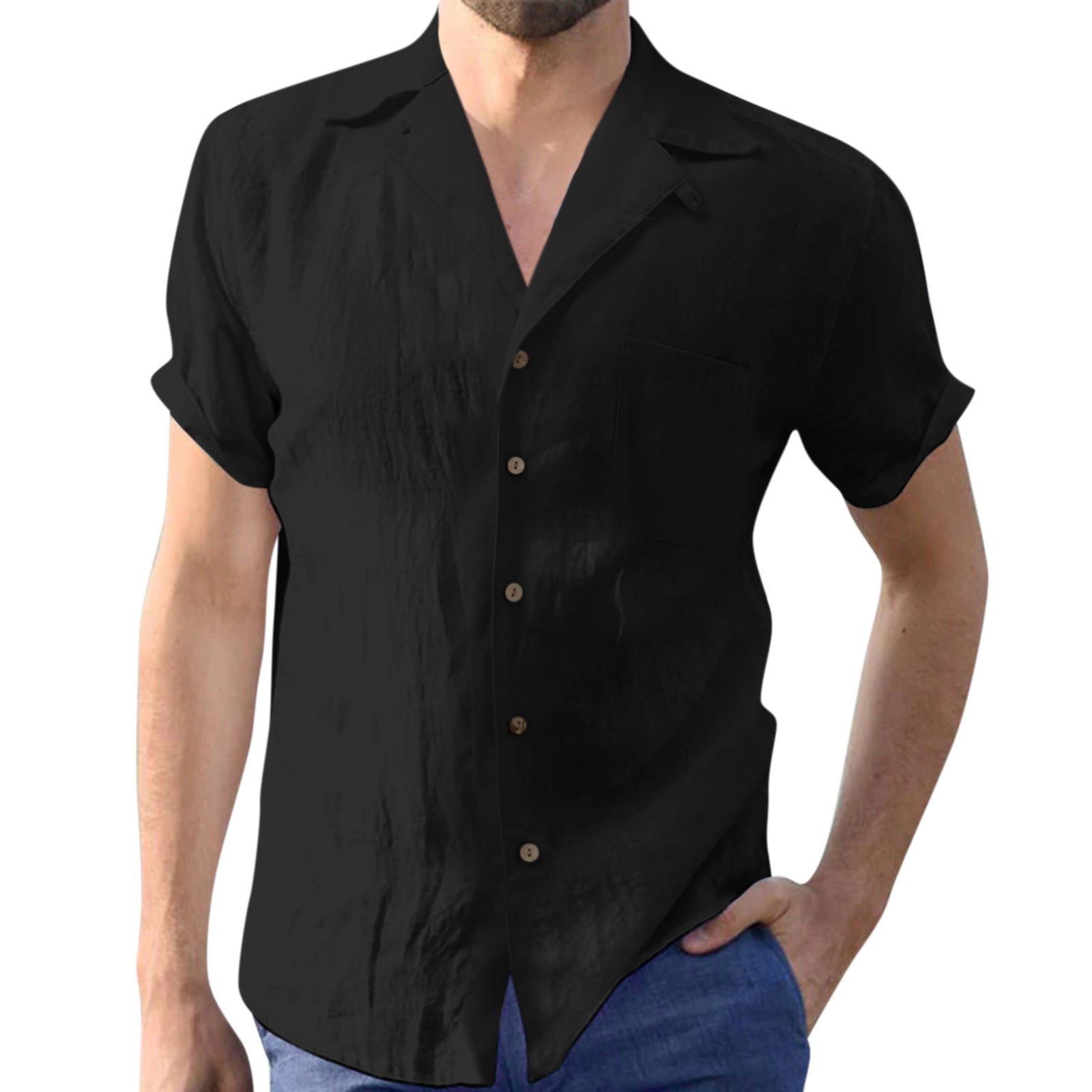 CLZOUD Mens Lounge Shirt Black Cotton Linen Male Hawaii Shirt Blouse Cotton Linen Button Down Top Shirt Tropical Holiday Beach Shirt Fashion Pocket To