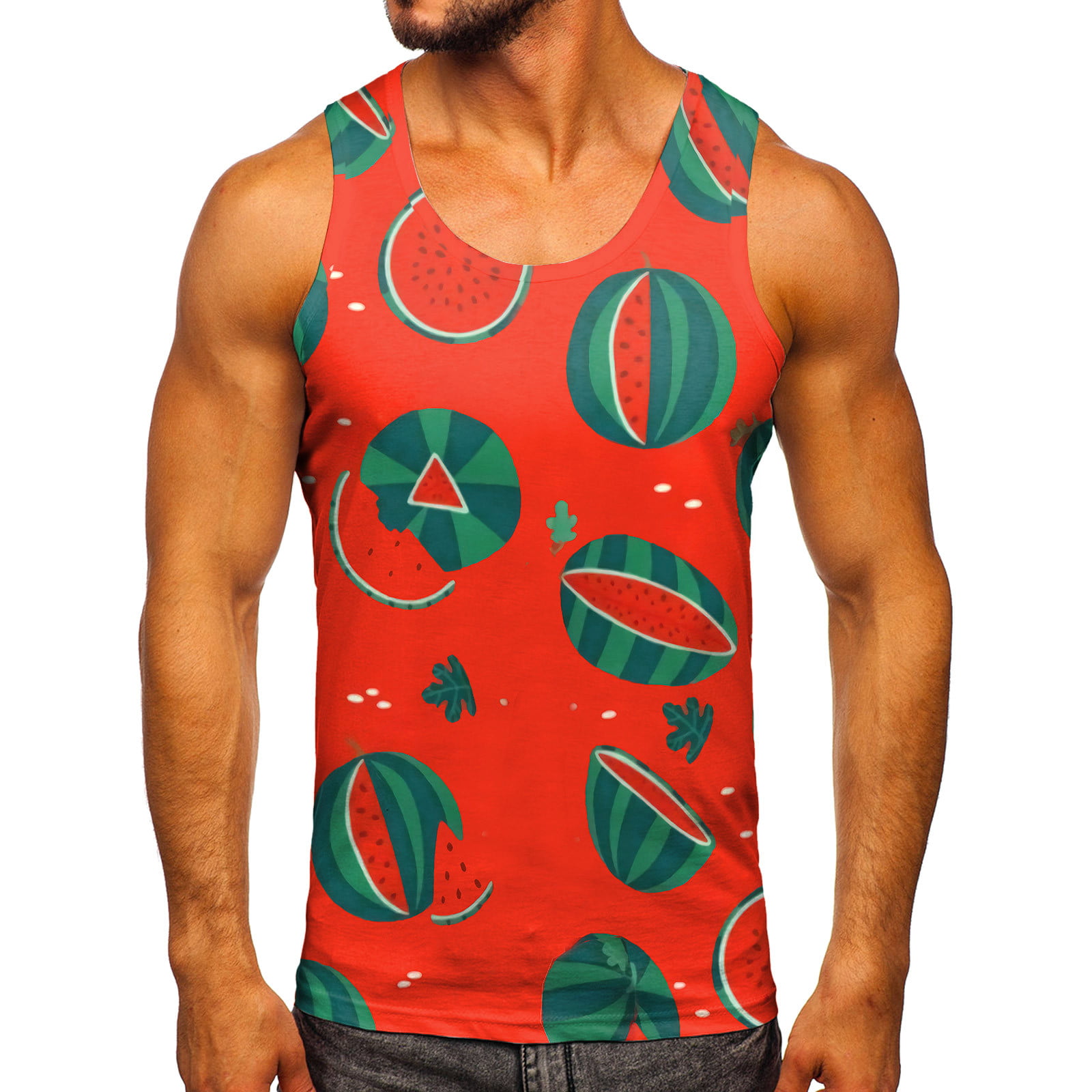 GWAABD Workout Shirts Men Casual Spring Summer Sleeveless Printed O Neck Shirt Tank Tops Blouse