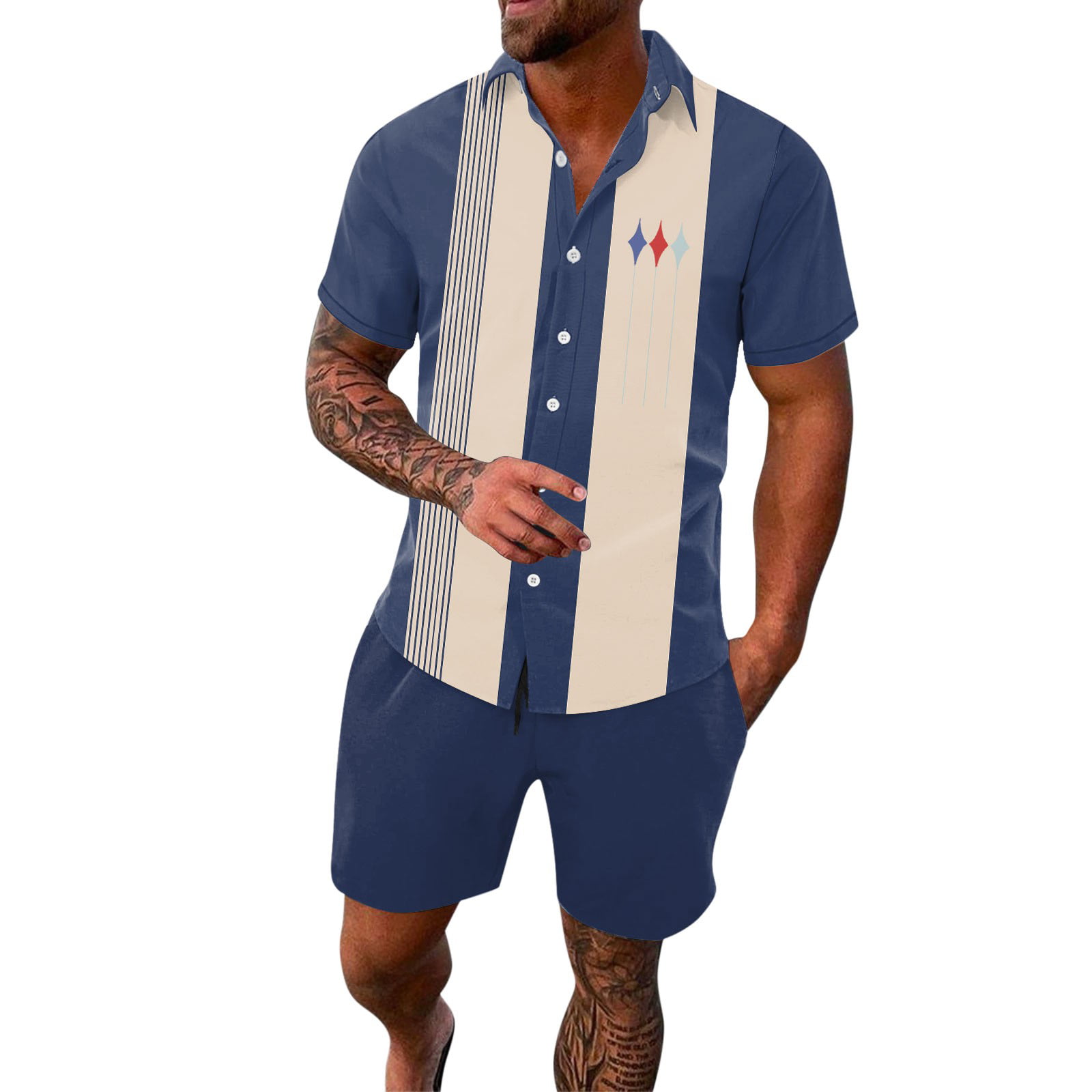 GWAABD Men S Hawaiian Shirts Sets Men S Spring/summer Leisure Sports Hawaii Beach Style Stitching Stripe Print Short Sleeved Shirt Pants Two Piece Set