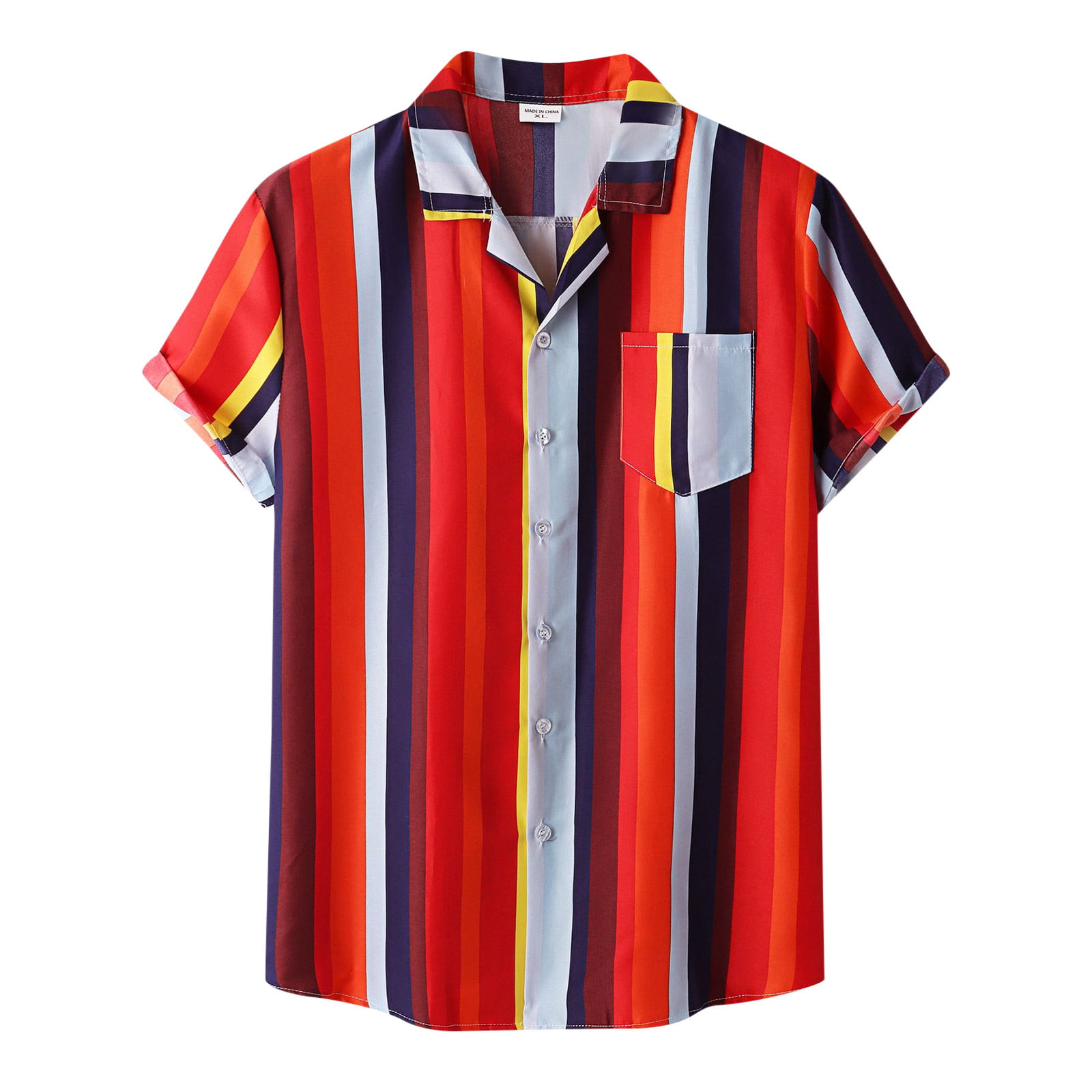 CLZOUD Comfy Shirts for Men Red Men S Casual Stripe Splice Shirt Short Sleeve Button Turn-Down Collar Shirt Xxxl