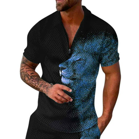 GWAABD Men S Dress Shirts Long Sleeve Male Casual Print Zipper Turn Down Collar Blouse Short Sleeve Tops Shirt
