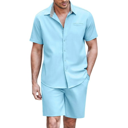 GWAABD Menshirt and Shorts Sets Mens Spring and Summer Fashionista Color Matching Collar Leisure Suit Style Leisure