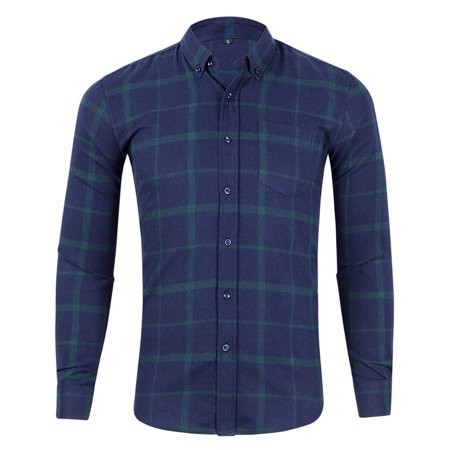 CLZOUD Work Shirt for Men Navy Mens Open Slim Cotton Long Sleeved Plaid Shirt Xxl