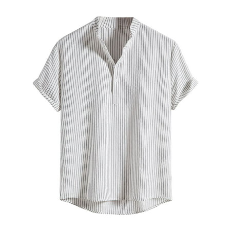 ZCFZJW Mens Casual Striped Button Down Shirts Summer Short Sleeve Big and Tall Regular Fitted Graphic Tees Trendy Hawaiian Beach T-Shirts White L