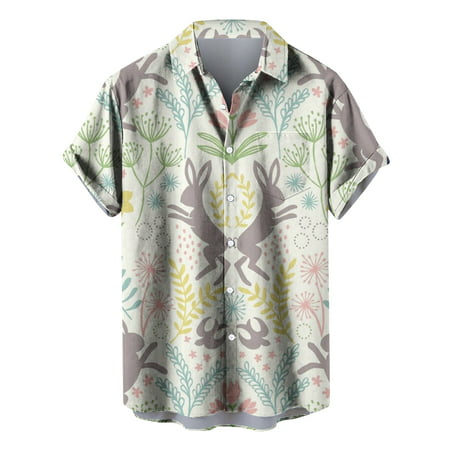 ZCFZJW Happy Easter Mens Short Sleeve Button Down Shirts Casual Graphic Holiday T-Shirts Trendy Summer Regular Fit Tops Cute Bunny Tshirt White L