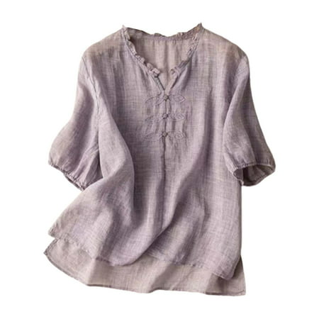 CLZOUD Women Tops Casual Purple Cotton Linen Embroidery V Neck Short Sleeved T Shirt Female Summer Thin Wood Ear Large Size Loose Air Shirt Xl