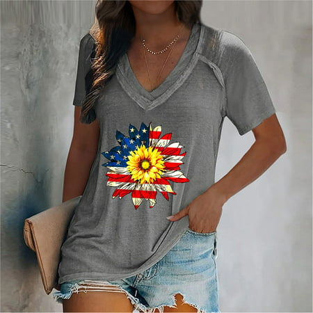 BallsFHK Women S T-shirt V-neck Independence Day Sunflower Print Pullover Casual Short-sleeved Top Summer Tops for Women 4742 Trendy