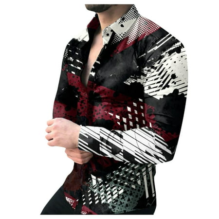 CLZOUD Mens Stylish Shirts Black Men S Comfortable Stand-up Collar Printed Casual Plus Size Long-sleeved Shirt Xxl