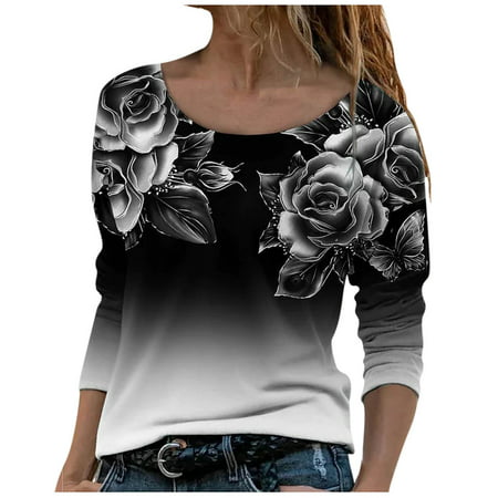 Yourumao Women Clearance Tops Boat Neck Blouses for Women Fall Summer Long Sleeve Gradient Rose Floral Graphic Lounge Tops Teen Girls 2023 Clothes Tre