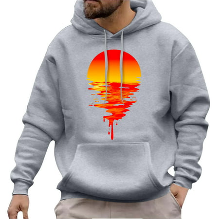 GWAABD Puff Sleeve Sweatshirt Male Autumn Winter Casual Setting Sun Print Hoodies Long Sleeve Pocket Hooded Blouse
