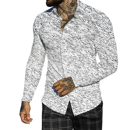 CLZOUD Work Shirt for Men White Men Autumn Winter Single Casual Lapel Full Print Beach Long Sleeve Vacation Outdoor Holiday Shirt S