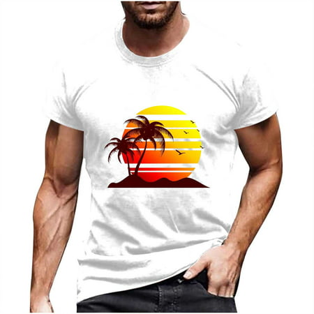 ZCFZJW Casual Mens Trendy Shirts Summer Short Sleeve Tropical Sunset Palm Tree Graphic Crewneck T-Shirts Loose Regular Fit Comfy Tshirt Tops White L