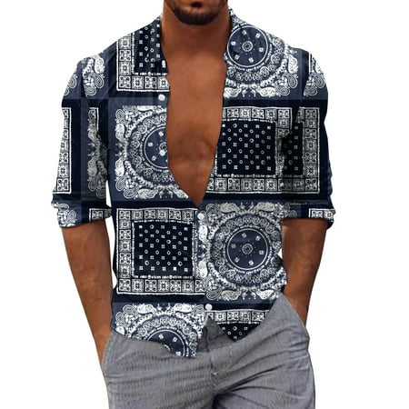 CLZOUD Soft Shirts for Men Navy Polyester Spandex Men Long Sleeve Autumn Winter Casual Printed Shirts Fashion Top Blouse Shirts Xl