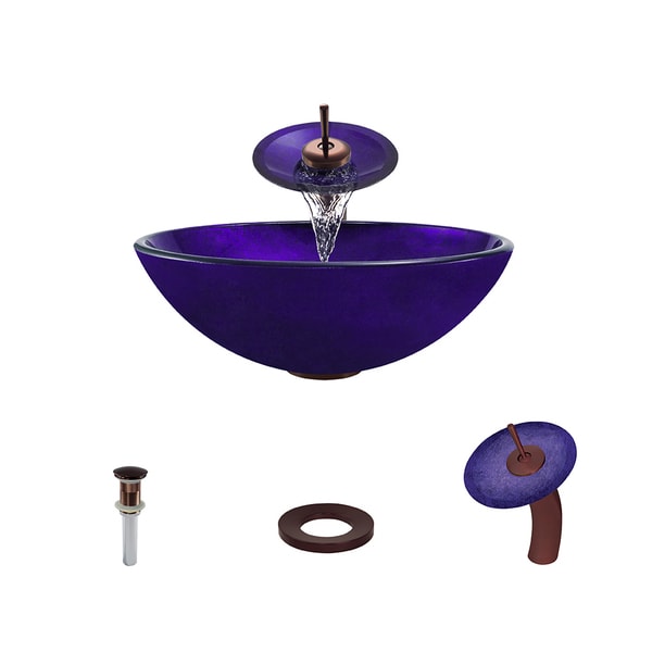 642 Foil Undertone Purple Glass Vessel Sink, Oil Rubbed Bronze Vessel Faucet, Sink Ring, and Vessel Pop-up Drain