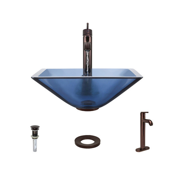 603 Aqua Colored Glass Vessel Sink, with Oil-Rubbed Bronze Vessel Faucet, Sink Ring, and Vessel Pop-up Drain (721)