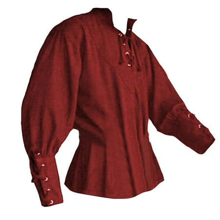 CLZOUD Soft Stretch Lightweight Shirt for Men Red Mens Long Sleeve National Style Bandage Men Bandage Vintage Shirt Casual Blouse Xxl