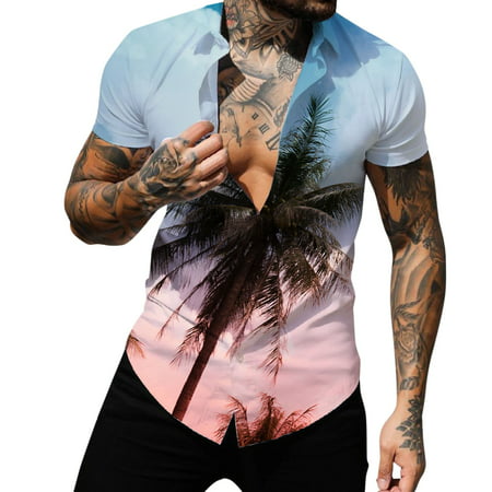 CLZOUD Outdoor Shirt Man Light Blue Polyester Spandex Men Spring Summer Single Casual Lapel Full Print Beach Short Sleeve Vacation Outdoor Holiday Shi