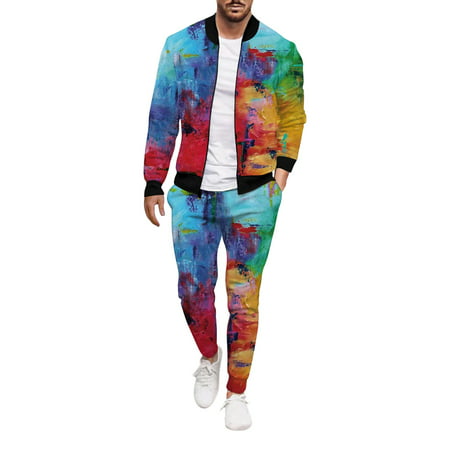 GWAABD Mens 2 Piece Outfit Mens Winter Casual Street Woven Jacket Jacket Pants Oil Painting Geometric Two Piece Set